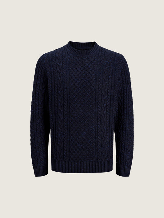 JACK & JONES - Premium Callum Cable Knit Crewneck Sweater - Insignia Blue Twist