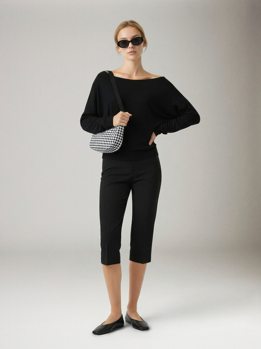 LOVEFINN - Crepe Hachi Boat Neck Top - Black