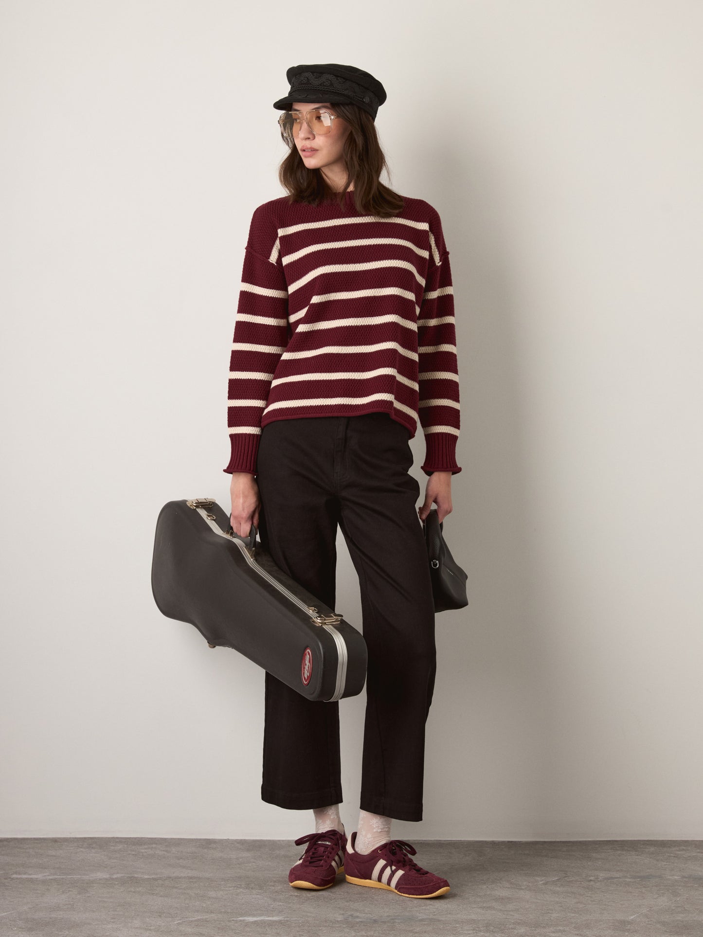 MONK & LOU - Anita Crewneck Stripe Pullover Sweater - Dark Cherry Stripe