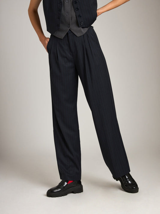 MONK & LOU - Pinstripe Jullian Pleated Wide Trouser