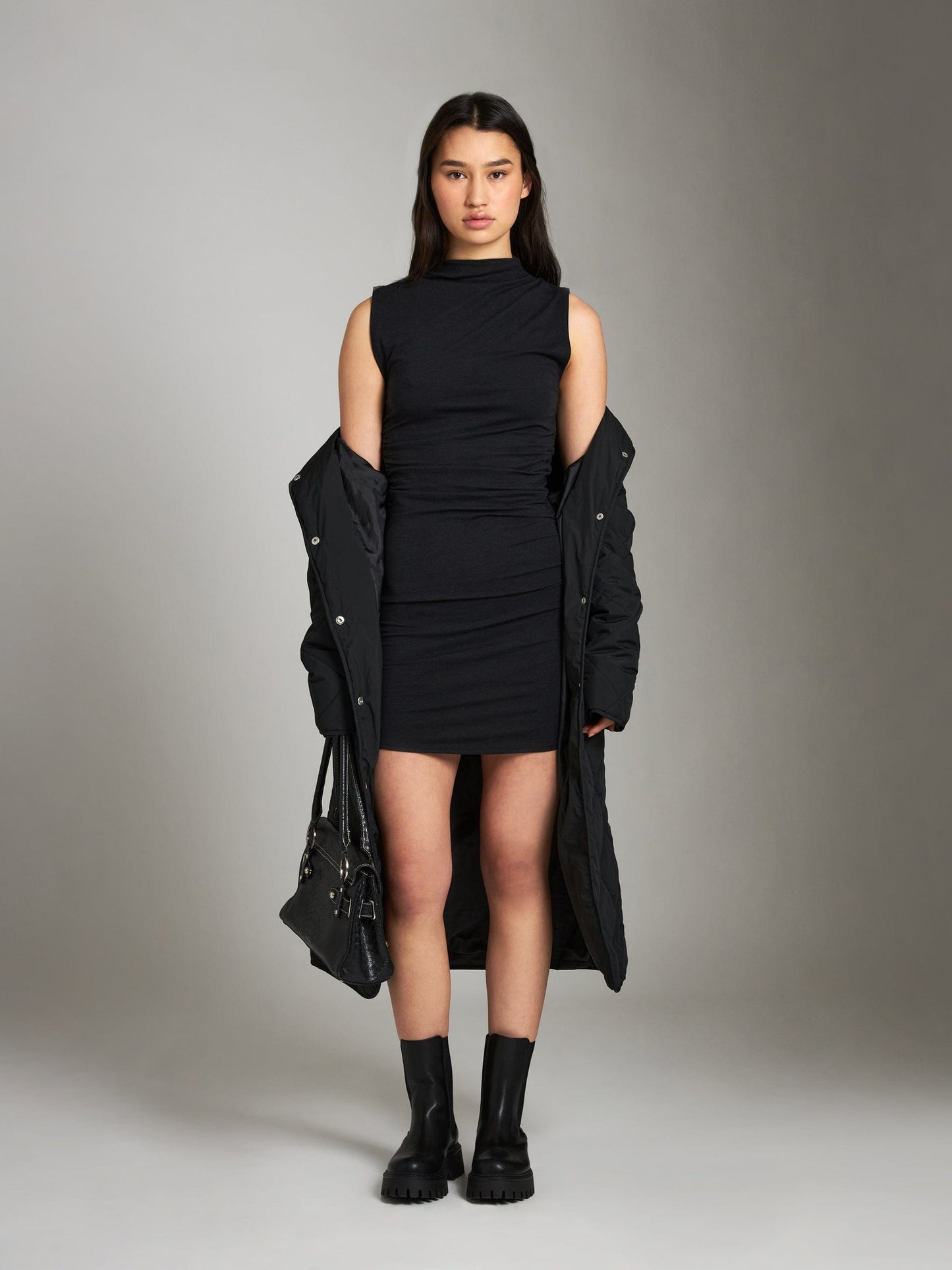 MONK & LOU - Kayli Mock Neck Ruched Mini Dress