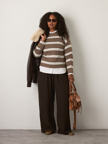 MONK & LOU - Liv Crewneck Pullover Sweater - Heather Cocoa / White