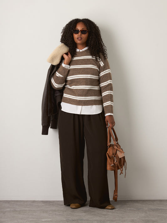 MONK & LOU - Liv Crewneck Pullover Sweater - Heather Cocoa / White