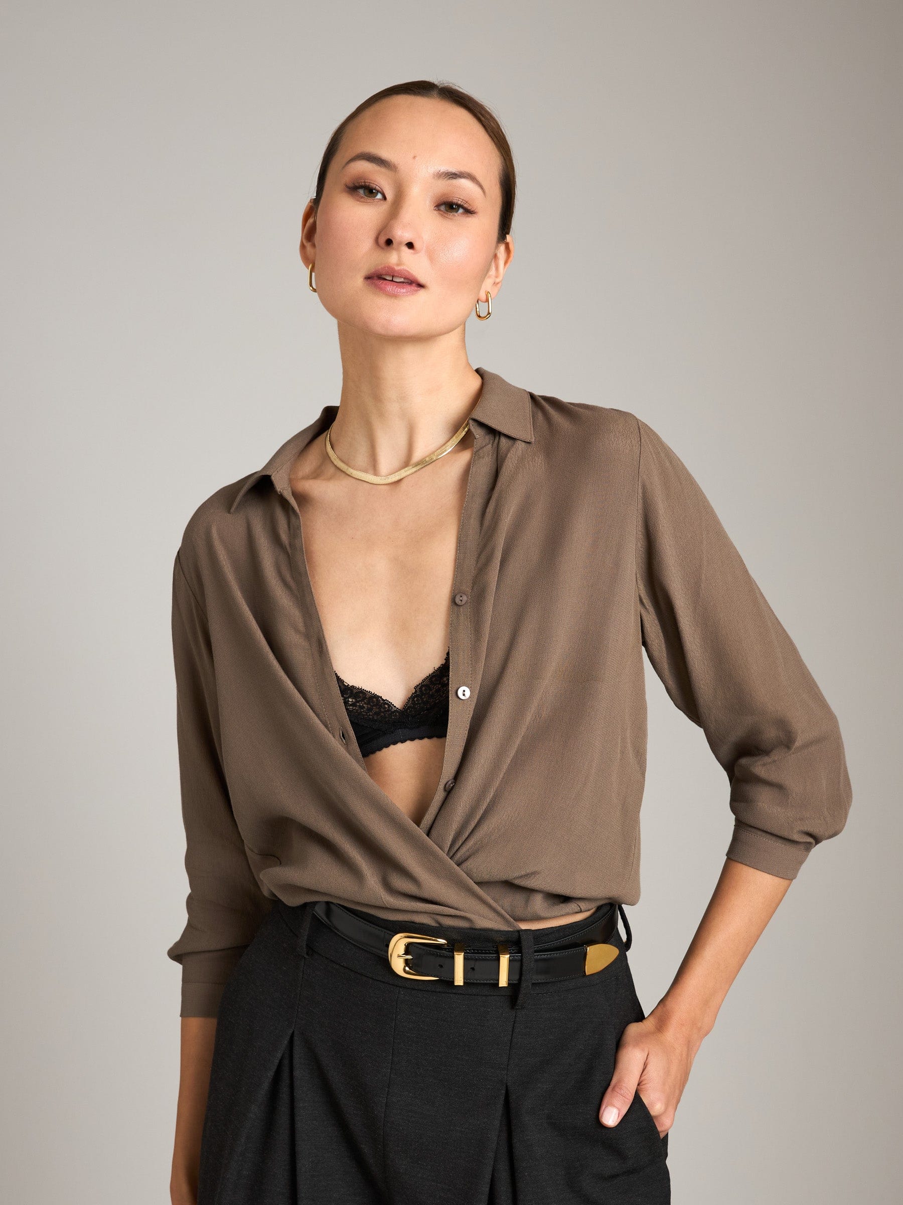 Monk & Lou TOPS Taupe Brown / 2XS Janae Back Pleat Blouse