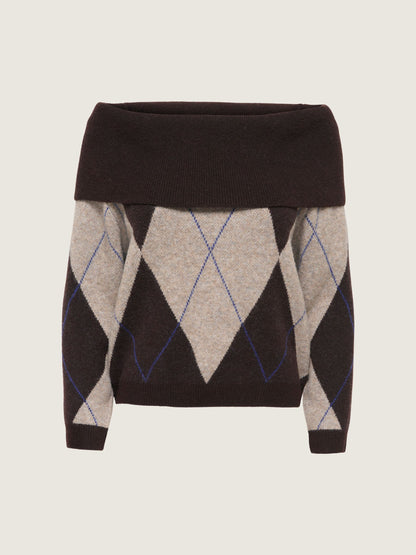 Alivia Argyle Off Shoulder Pullover Sweater