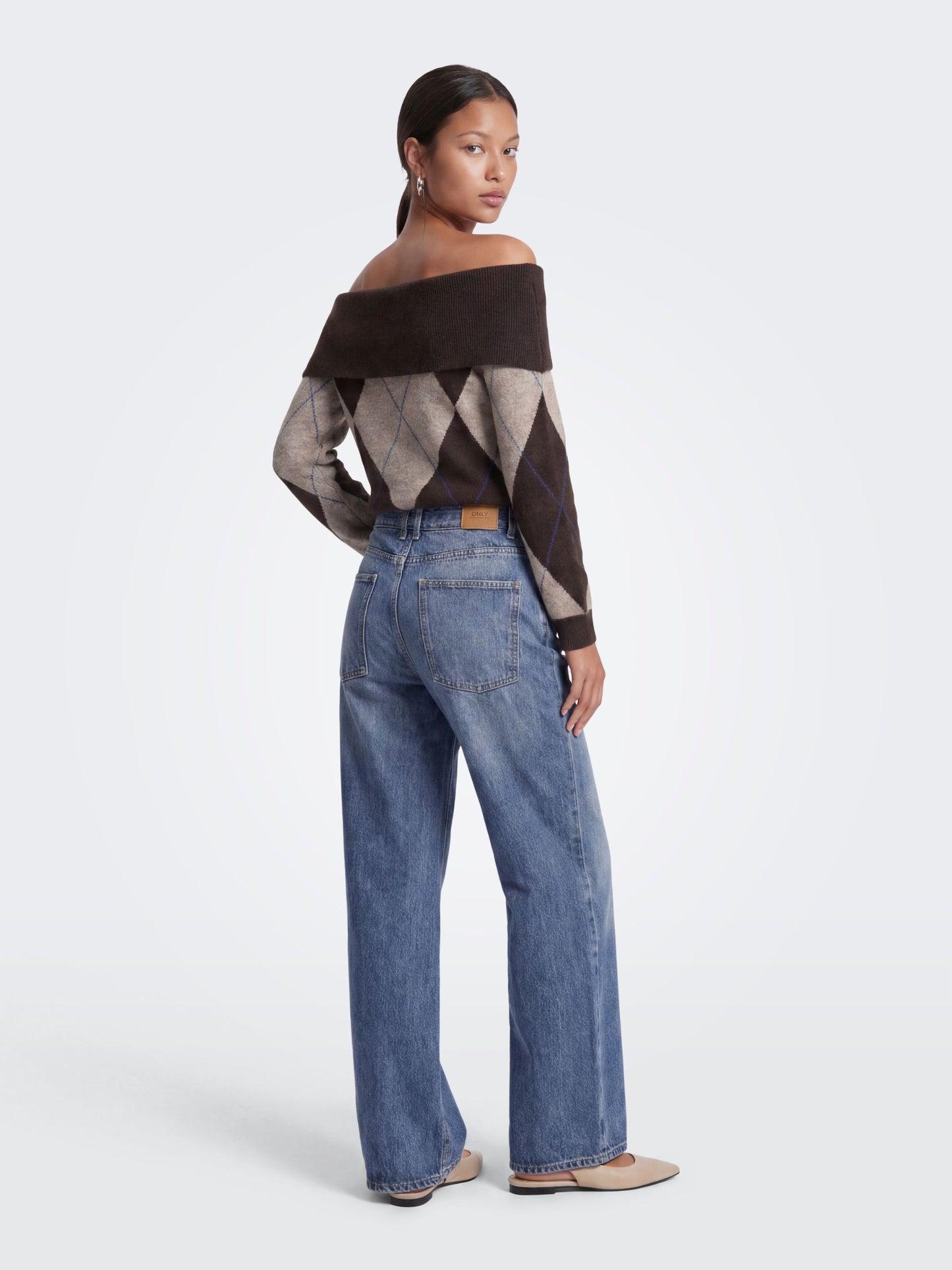 Alivia Argyle Off Shoulder Pullover Sweater