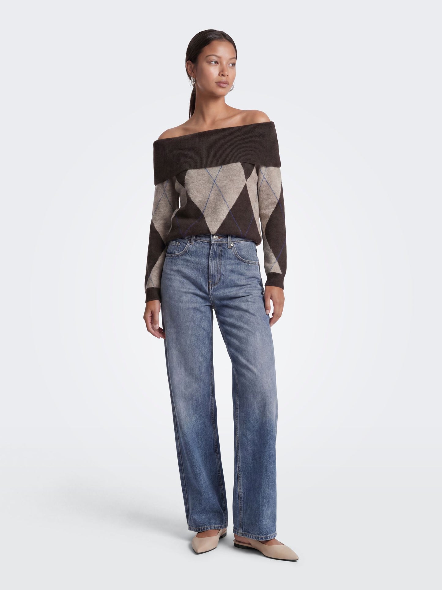 Alivia Argyle Off Shoulder Pullover Sweater