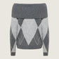 Alivia Argyle Off Shoulder Pullover Sweater