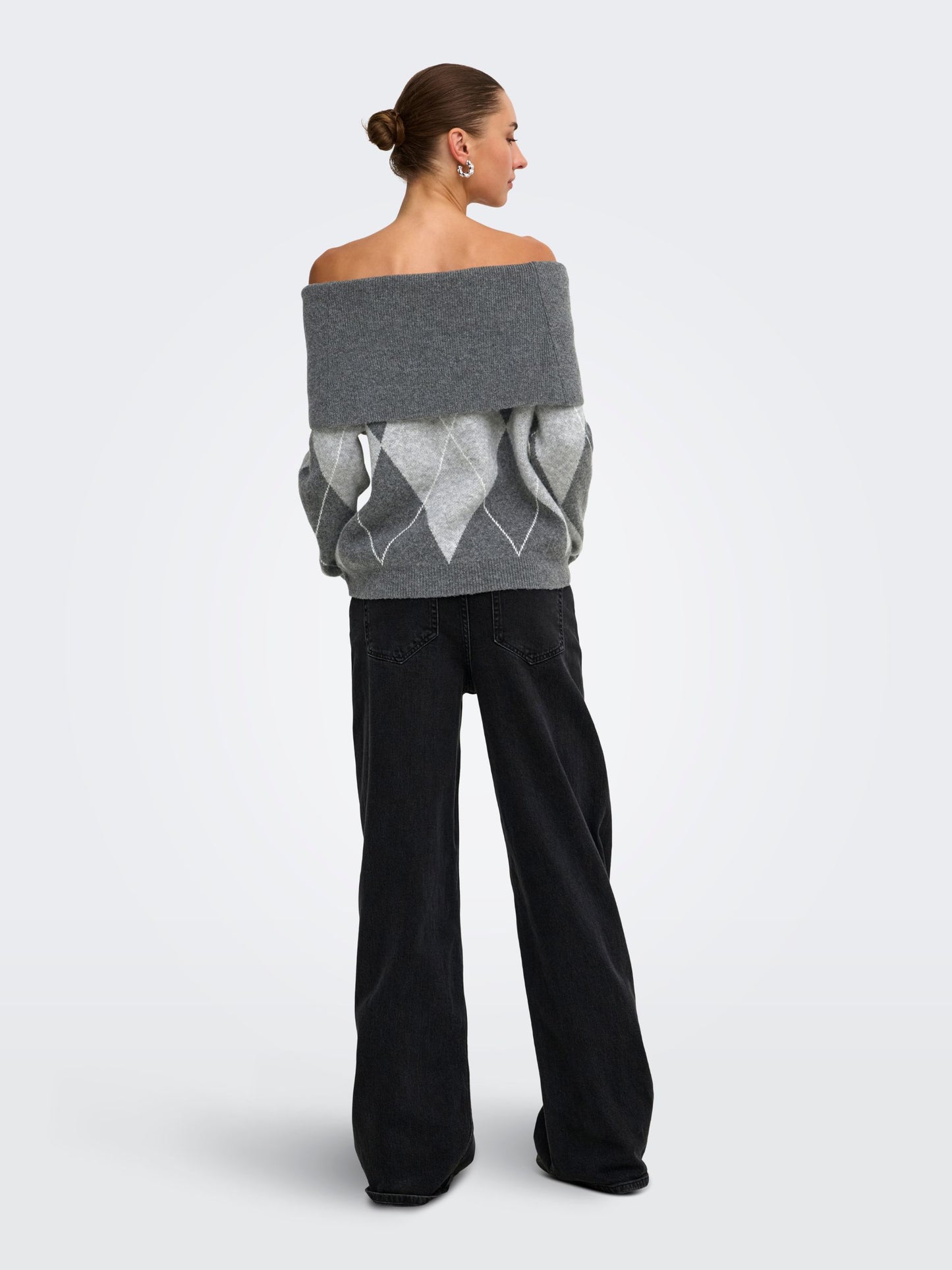 Alivia Argyle Off Shoulder Pullover Sweater
