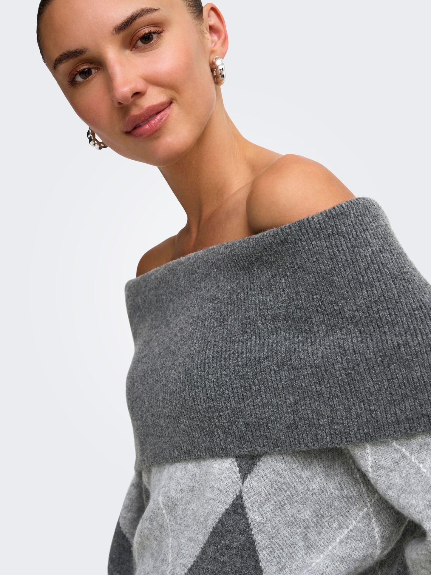 Alivia Argyle Off Shoulder Pullover Sweater