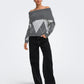 Alivia Argyle Off Shoulder Pullover Sweater