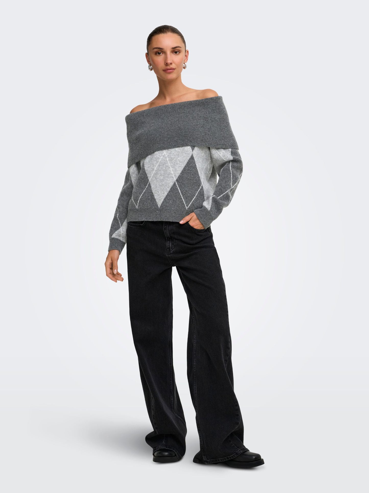 Alivia Argyle Off Shoulder Pullover Sweater
