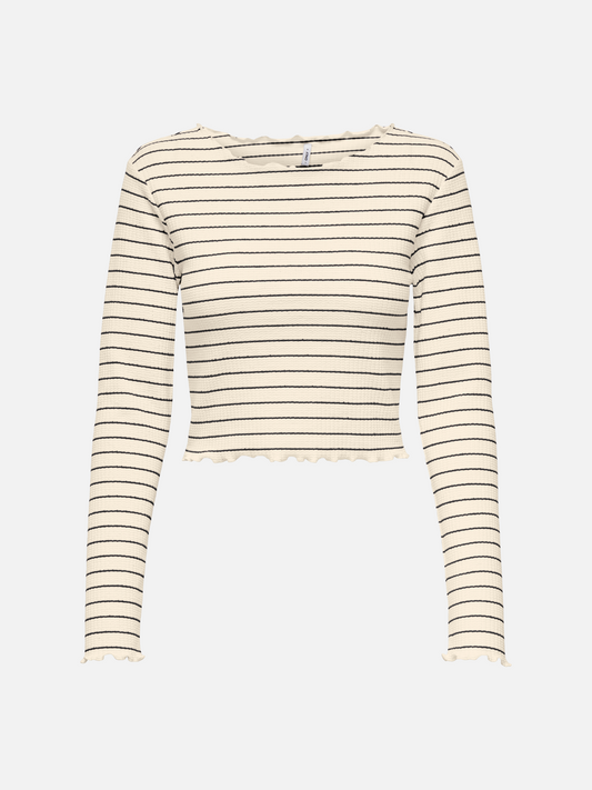 ONLY-Anits Stripe Long Sleeve Crop Top-Black Stripe / Antique White