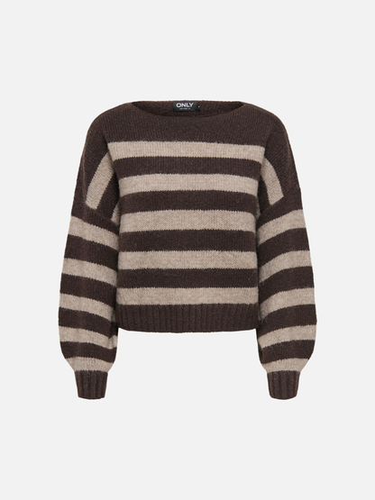 ONLY - Aya Stripe Boatneck Knit - Seal Brown