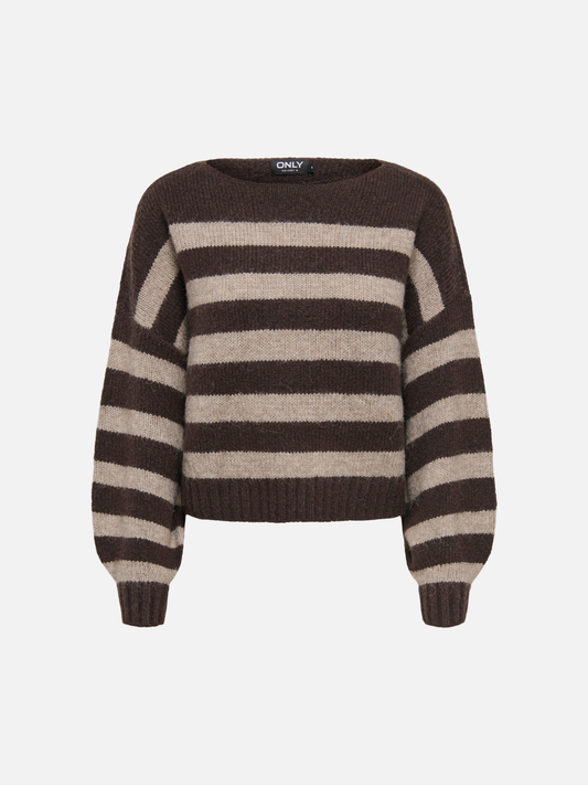 ONLY - Aya Stripe Boatneck Knit - Seal Brown