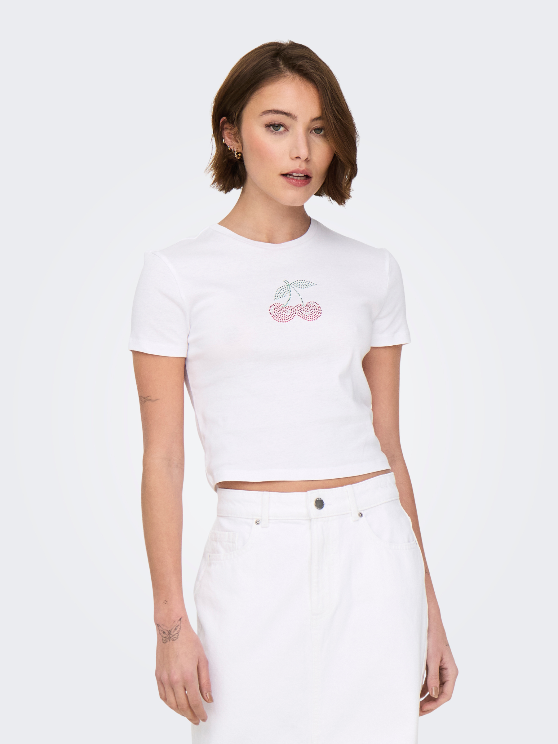 ONLY-Kira Bling Baby Tee-Bright White Cherry