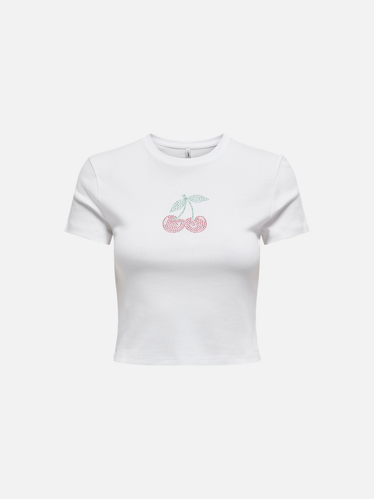 ONLY-Kira Bling Baby Tee-Bright White Cherry