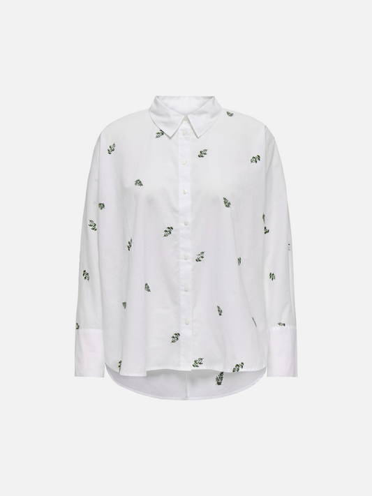ONLY-Lina Grace Embroidered Shirt-Bright White Green Leaf