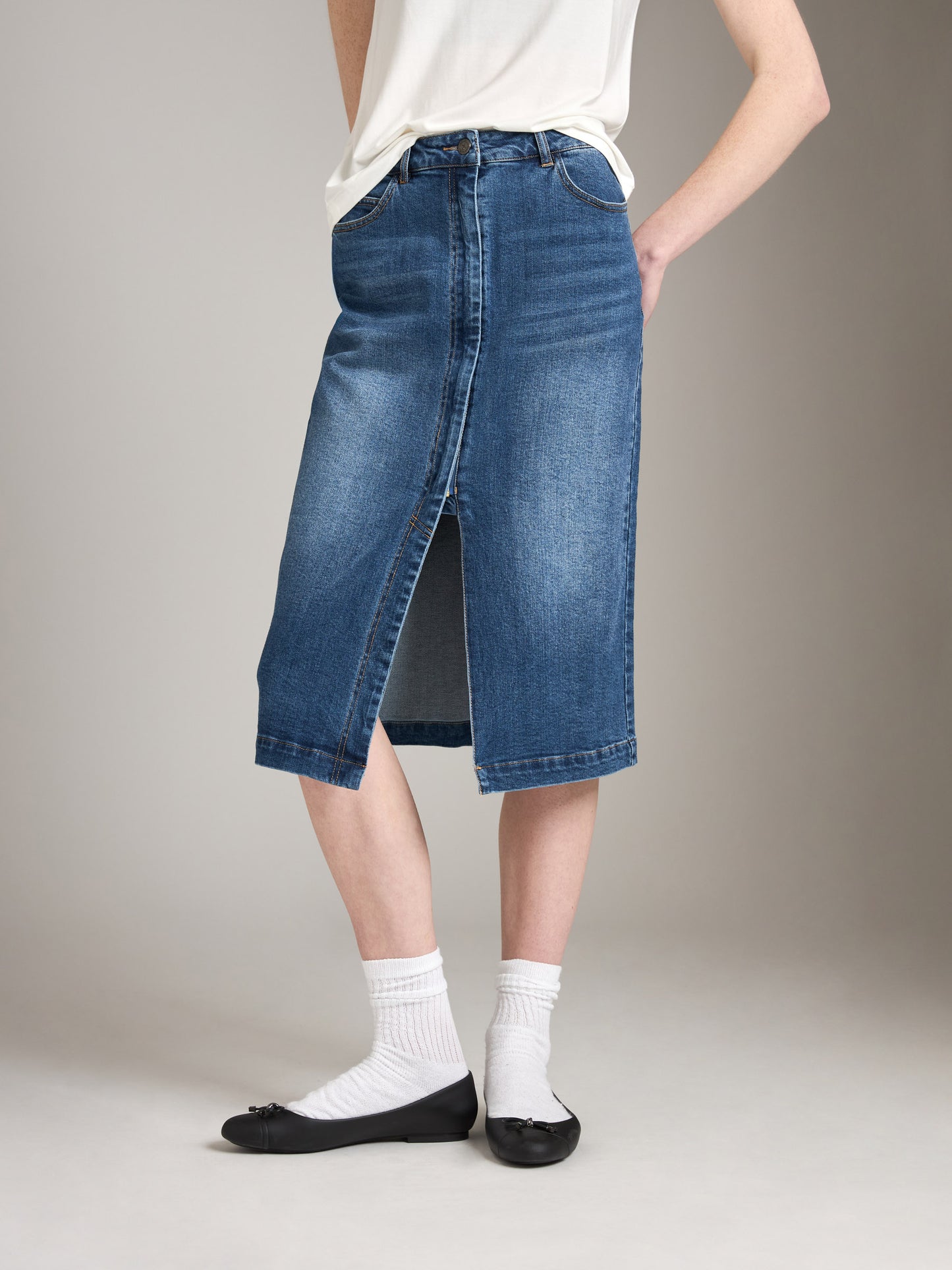 Seville Denim Midi Pencil Zip Skirt
