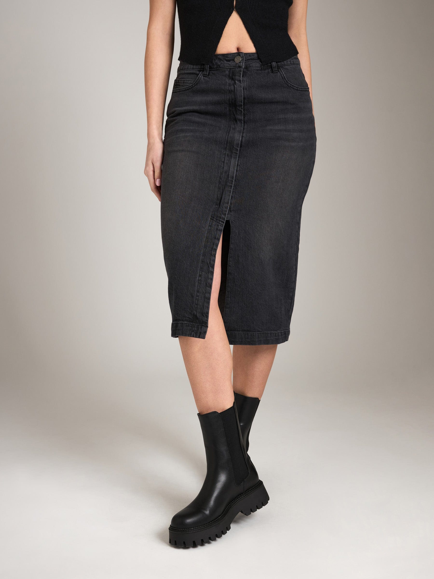Seville Denim Midi Pencil Zip Skirt Washed Black – PLENTY